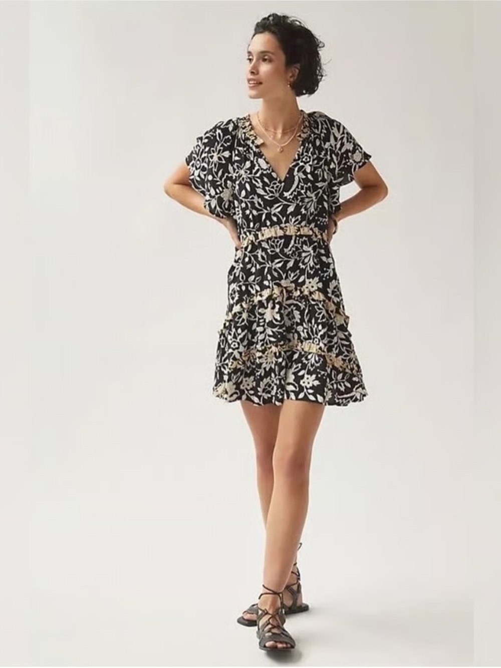 Anthropologie Robin Black Ruffle Tiered Mini Dress in Size Small Petite